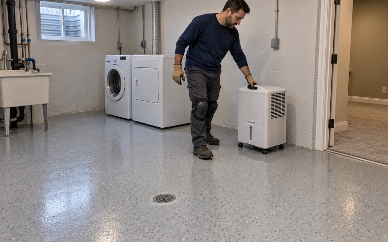 A dehumidifier wheeled into the laundry corner of a newly coated Glenview basement floor beside the floor drain.