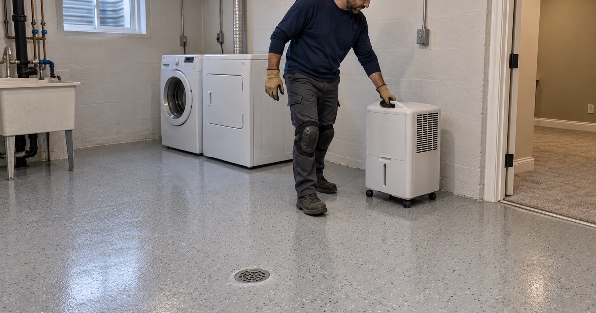 A dehumidifier wheeled into the laundry corner of a newly coated Glenview basement floor beside the floor drain.