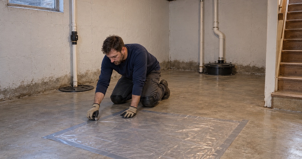 A taped plastic moisture test square on the bare basement slab of a Glenview ranch, beside the sump basin.