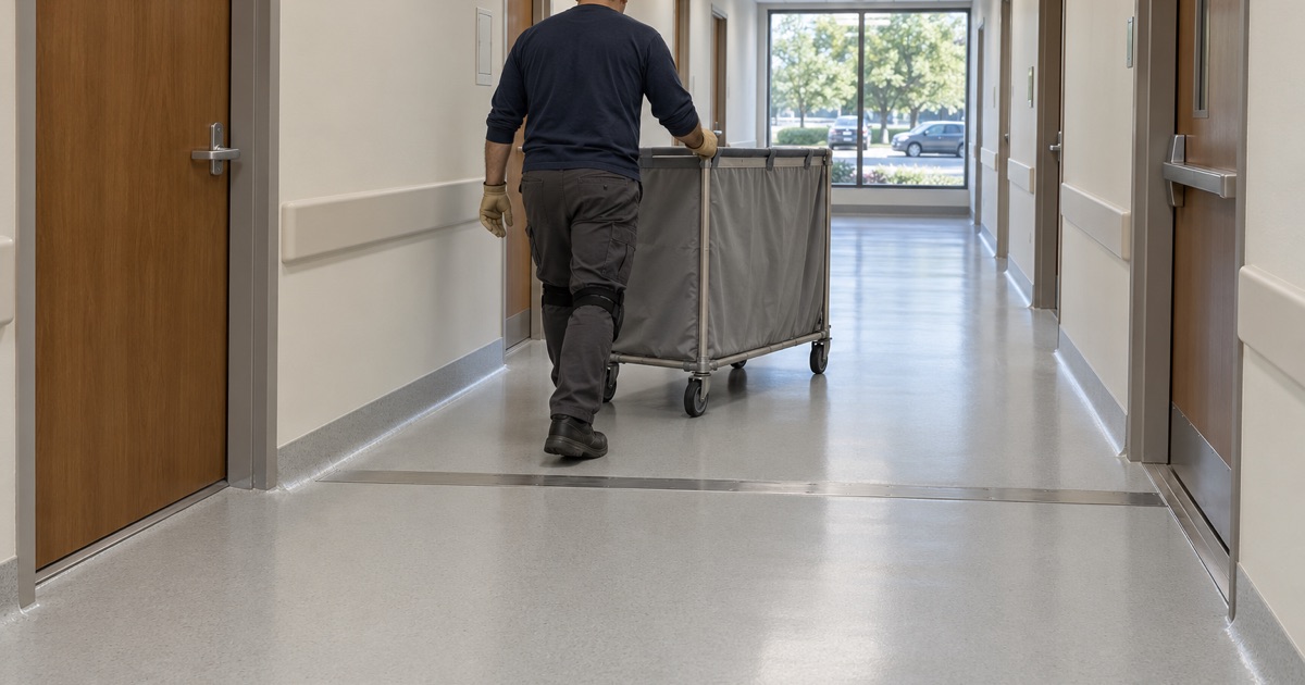 A wheeled linen cart steered across a coved, seamless corridor floor in a Glenview medical office building.