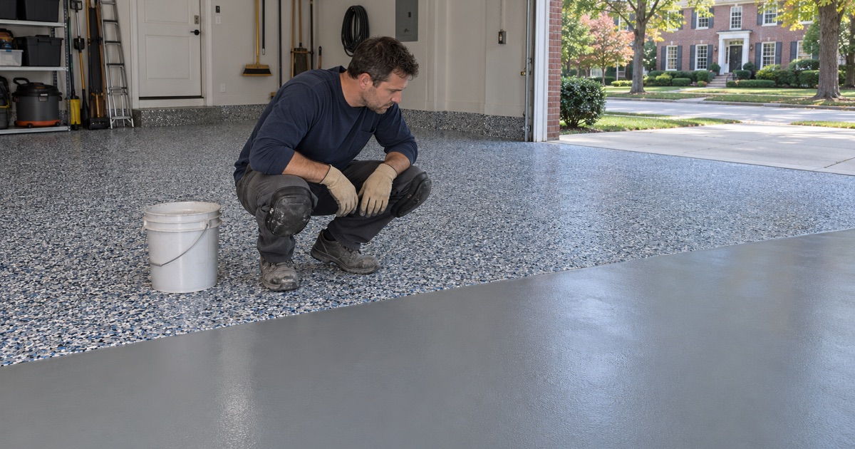 A finisher crouching at the edge where a dense blue-gray flake blend meets the bare base coat in a Glenview garage.