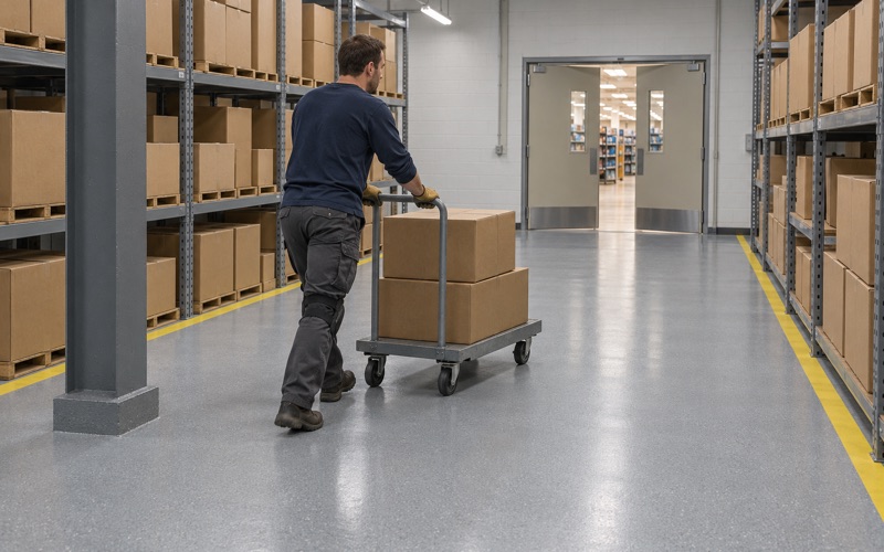 A platform cart rolled across a quartz-textured stockroom floor in a Glenview retail building.