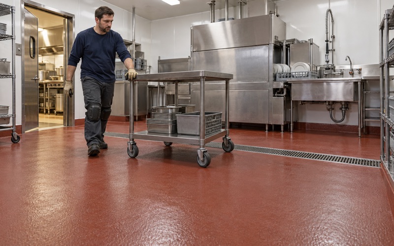A stainless prep table rolled back over a coved urethane dish room floor with a trench drain in a Glenview restaurant.