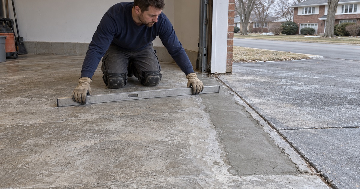 An aluminum straightedge laid across a fresh mortar patch at the salt-worn door edge of a Glenview garage slab.