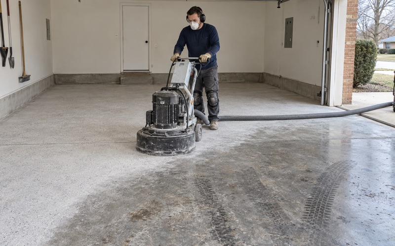 A walk-behind grinder with a dust shroud opening up the old slab of an attached Glenview garage.