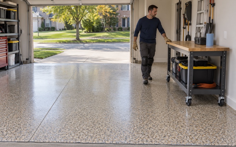 A rolling workbench guided onto a full-broadcast tan and black flake floor in a Glenview two-and-a-half-car garage.