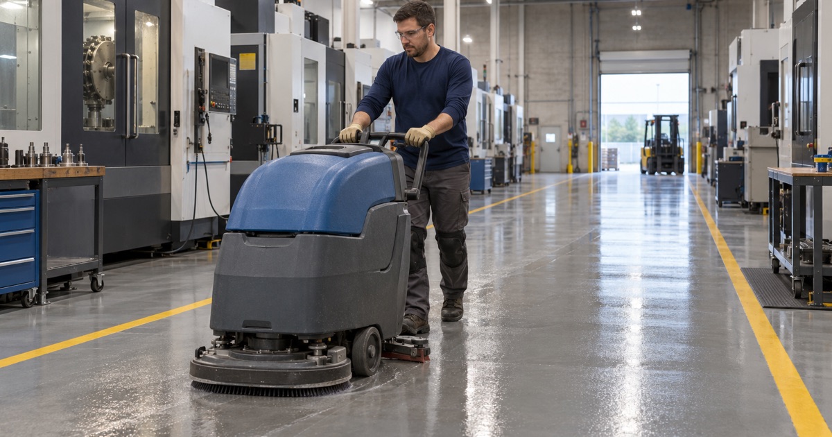A walk-behind scrubber cleaning a coated aisle between machining centers in a Glenview manufacturing plant.