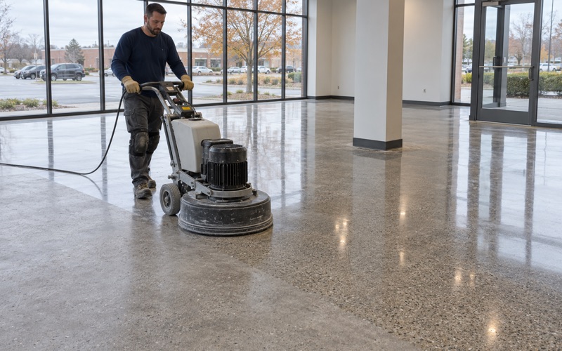 A walk-behind polisher bringing up a high gloss on a ground concrete showroom floor in Glenview.