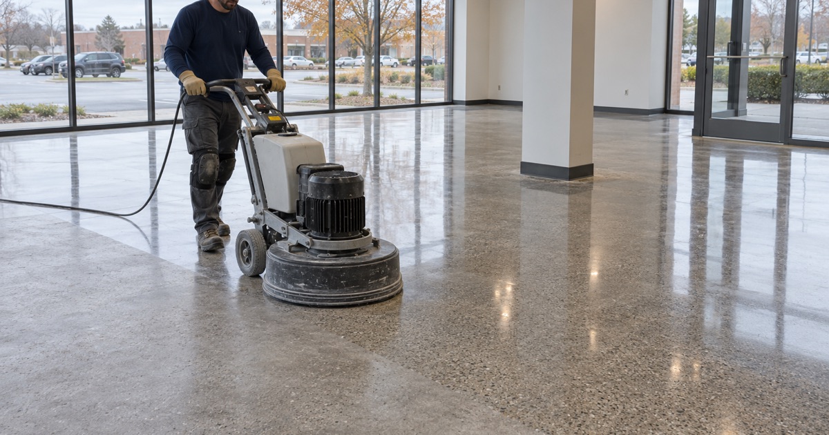 A walk-behind polisher bringing up a high gloss on a ground concrete showroom floor in Glenview.