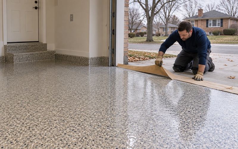 Masking paper pulled from the threshold of a same-day polyaspartic floor in a Glenview garage on a cold day.