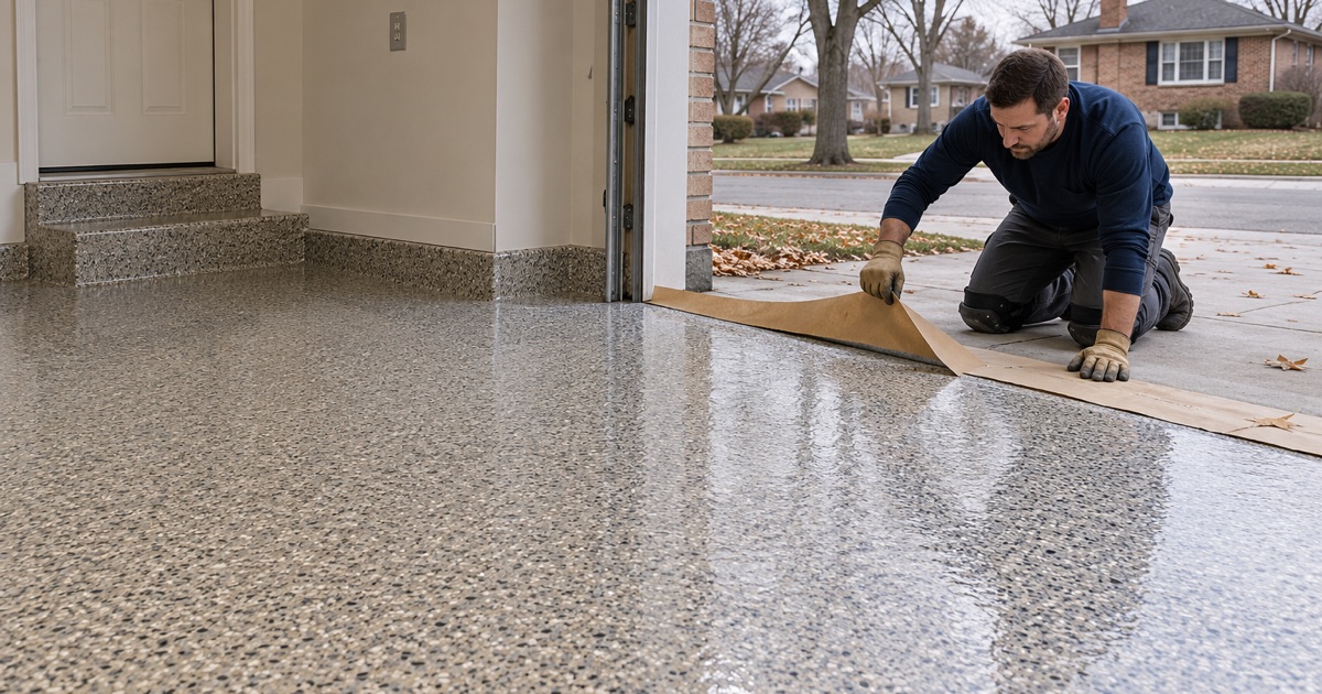 Masking paper pulled from the threshold of a same-day polyaspartic floor in a Glenview garage on a cold day.