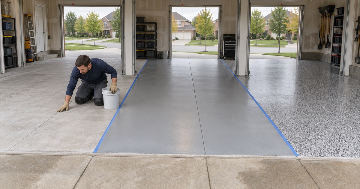 Three garage bays in a Glenview home at three stages: ground bare, gray base coat, and finished flake.